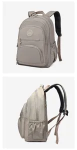 Detailed view of grey nylon multi-compartment casual backpack, showing side and front.