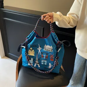 Blue nylon embroidered Paris themed tote bag large capacity casual shoulder bag