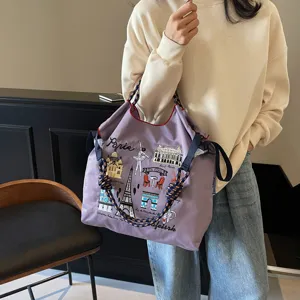 Large capacity purple nylon tote bag with Paris embroidery, casual shoulder bag for women.