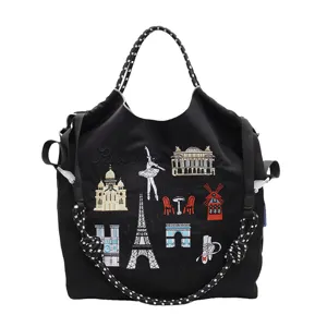 Black nylon tote bag with Paris landmark embroidery, large capacity shoulder bag for women.
