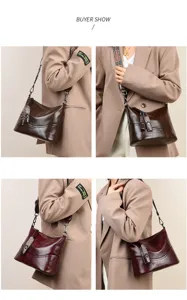 Vintage wax leather women shoulder bag casual commute wide strap crossbody bucket bag