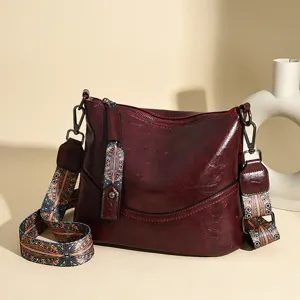 Vintage Women PU Leather Bucket Bag Retro Commuter Shoulder Crossbody Bag Wide Strap Casual Handbag