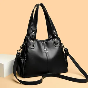Women black PU leather large capacity tote bag, stylish shoulder crossbody handbag for daily use.