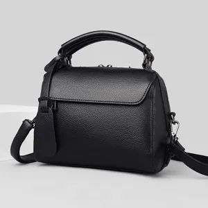 Classic black soft leather women handbag top handle shoulder crossbody bag for daily use.