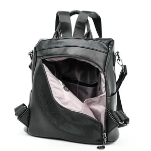 Women black PU leather anti-theft backpack casual travel book bag stylish daypack