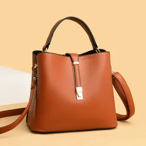 Women Large Capacity PU Leather Bucket Bag Casual Vintage Shoulder Crossbody Handbag With Metal Lock Design