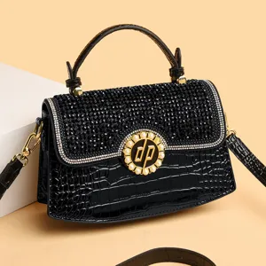 Borsa a Mano in Pelle PU con Motivo Coccodrillo da Donna Patta in Strass Manico Superiore Borsa a Tracolla