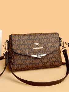 Women Fashion PU Leather Crossbody Bag Vintage Monogram Print Shoulder Bag Casual Daily Messenger Handbag With Metal Lock
