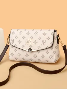 Women shoulder crossbody bag stylish monogram PU leather daily casual brown strap handbag