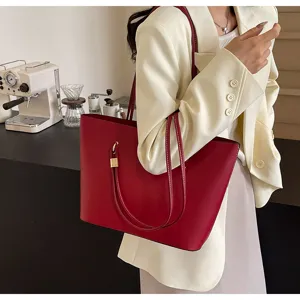 Korean minimalist large capacity red leather tote bag for women commuting shoulder bag