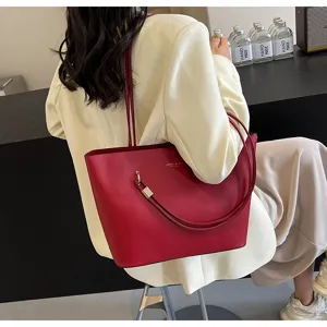 Red large capacity shoulder tote bag, minimalist daily commute handbag for women.