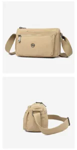 Detail view of khaki nylon crossbody shoulder bag, multi-pocket design with sturdy strap.