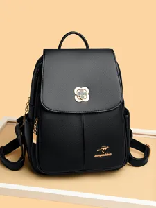 Classic black soft leather women backpack with elegant metal flower clasp and shoulder straps.