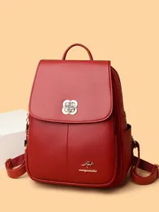 Stylish women soft leather backpack casual large capacity travel school bag in red