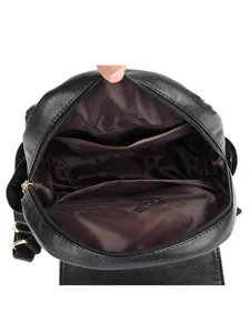 Women's black soft leather backpack large capacity casual travel school bag interior view.