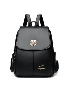 Stylish black soft leather women backpack with metal clover clasp and daily travel large capacity.