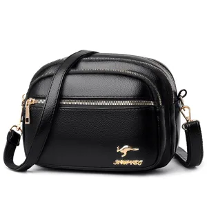 Damen Mehrschichtige Schwarze PU Leder Umhängetasche Mode Freizeit Schultertasche