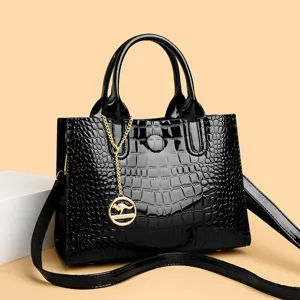 Women Large Capacity Tote Bag Crocodile Pattern PU Leather Handbag Retro Business Commute Shoulder Messenger Bag