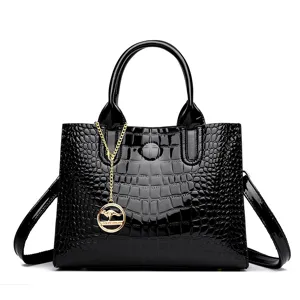 Black patent leather tote bag for women, classic crocodile pattern shoulder handbag with top handle.