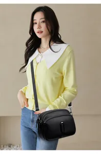 Black soft leather women's shoulder bag with multi-layer zippers, ideal for summer daily use.