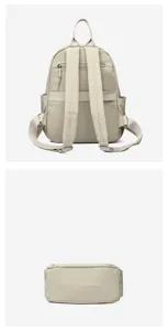 Detailed view of women's lightweight casual backpack in beige, showing back straps and zipper.
