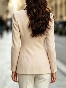Vista detallada de blazer beige ajustado para mujer con elegante cuello de leopardo.