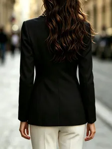 Detalle del elegante cuello con estampado de leopardo y costuras finas en el blazer negro.