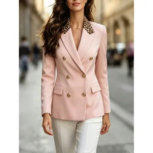 Mujer rosa blazer cruzado con solapa de leopardo manga larga chaqueta casual elegante
