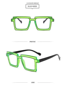 Gafas cuadradas geométricas con montura transparente verde y patillas negras elegantes.