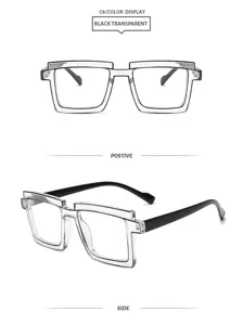 Vista detallada de gafas cuadradas de moda con montura transparente y patillas de color negro.