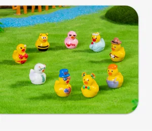 Mini resin yellow duck figurines set for cute desktop decor, car interior and DIY craft supplies.