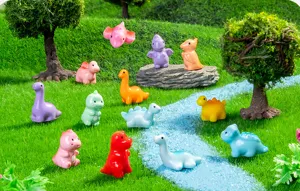 Mini resin dinosaur figurines set, colorful cute animal statues for micro landscape DIY crafts.