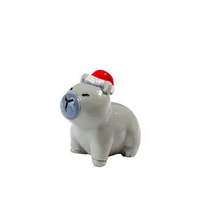 Cartoon Christmas Hat Capybara Resin Figurine Miniature Desktop Ornament Cute Animal DIY Craft Home Decor Accessory
