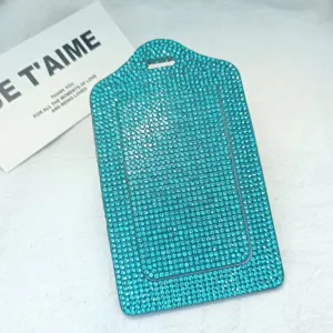 Sparkling blue rhinestone badge holder and luggage tag, luxury bling passport cover ID case.