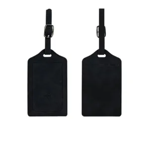 Black leather luggage tag set with adjustable buckle and airplane design for travel bags.