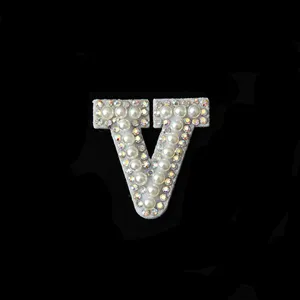 DIY pearl rhinestone letter V hair accessory sparkly crystal alphabet patch for crafting