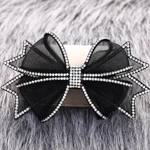 Black mesh rhinestone bow hairpin, multi-layer sparkly crystal hair clip accessory.