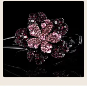 Elegant purple crystal flower hair claw clip for women sparkling rhinestone duckbill hairpin