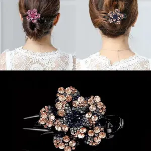 Korean Style Elegant Large Hair Claw Womens Duckbill Hair Clip Floral Rhinestone Three Tooth Claw Clip Hair Accessories