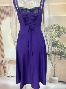 Purple lace-up midi dress back detail, elegant summer fashion style, comfortable wear.