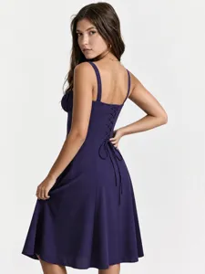 Purple sleeveless midi dress with lace-up back and sweetheart neckline for women.