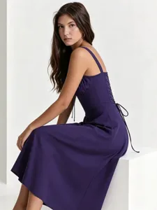 Stunning dark purple corset style midi dress with elegant lace-up back for women main view.