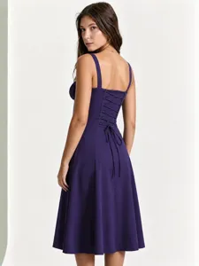 Elegant purple midi dress with lace-up back and sleeveless design, main view showing back.