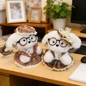 Cute plush dog keychain, stylish glasses and plaid dress pendant for bag or keys.