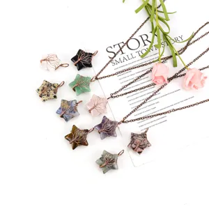 Detailed view of crystal star tree of life pendant necklaces in various natural stones.