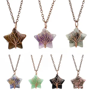Natural Agate Crystal Star Tree Of Life Wire Wrapped Pendant Necklace Antique Copper Cross Chain Handmade Healing Jewelry For Women