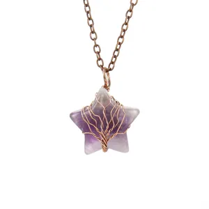 Natural crystal amethyst pentagram wire wrapped tree of life pendant necklace for women