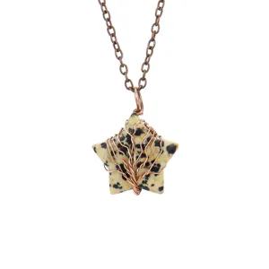 Exquisite natural stone star tree of life wire wrapped pendant necklace detailed closeup