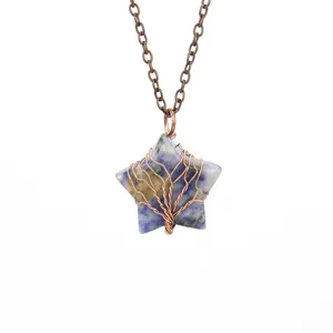 Detail view of a stunning crystal star pendant necklace with delicate copper wire tree of life.