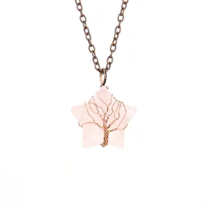 Rose quartz star wire wrapped tree of life pendant necklace detail view showcase.